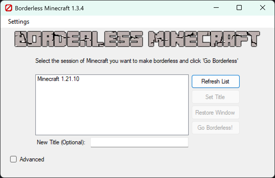 Screenshot of Borderless Minecraft application interface